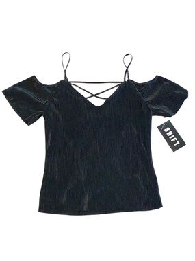 SHIFT Black Shiny Textured Stripe Strappy Crisscross Cut Out Cold Shoulder Top S